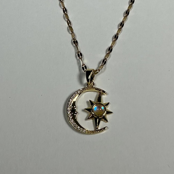 Gold Tone Cz Diamond Crescent Moon Pendant with Center Moonstone Style Accent - Picture 3 of 10